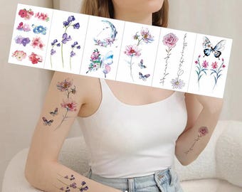 Juego de 6 tatuajes temporales de flores coloridas, mariposas, luna creciente, peonías, margaritas, letras, palabras, para cintura, cuello, piernas y brazos, QXTSS