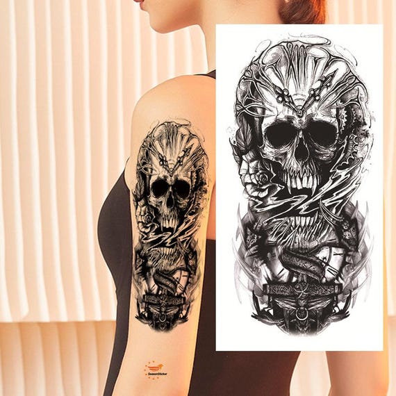 Skull Compass Clock Sword Flower Temporary Tattoos Demon Skull