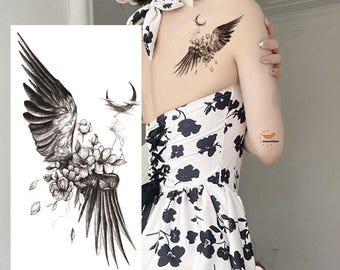 Tatuajes temporales de alas, flores, luna creciente, hojas, camelia, peonía, rosas, bocetos dibujados a mano, diseño floral, tatuajes para cintura, brazo y pierna (FSF6)