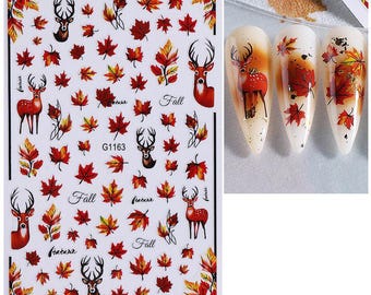 Red Maple Leaves Deer Antlers Nail Art Stickers Fall Oak Leaf Acorn September Clock Umbrella Blue Bird Self Adhesive Nail Art Decals FSeries