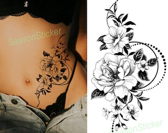 Black Flower Crescent Moon Butterfly Temporary Tattoos Snake Roses Daisy Sunflower Leaf Hand Drawn Sketch Floral Waist Arm Neck Tattoos BSK4