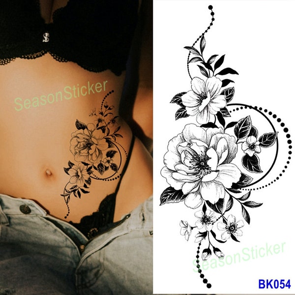 Croquis noir croissant de lune fleur papillon serpent Roses marguerite feuille de tournesol corps taille bras cou tatouages d'art temporaires BKSeries