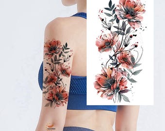 Tatuaje temporal de rosa colorida con diseño floral dibujado a mano XMQB
