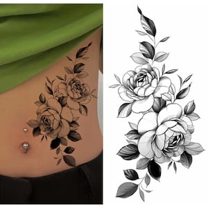 Black Peony Flower Temporary Tattoos Crescent Moon Periwinkle Daisy Sunflower Hand Drawn Sketch Flower Leaf Body Waist Arm Leg Tattoos BSK4 BK002