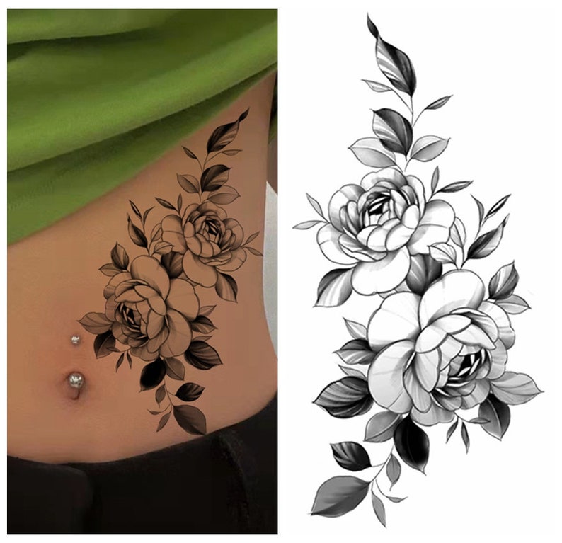 Black Peony Flower Temporary Tattoos Crescent Moon Periwinkle Daisy Sunflower Hand Drawn Sketch Flower Leaf Body Waist Arm Leg Tattoos BSK4 BK002