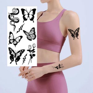 Tatuajes temporales de flores de mariposa, mariposa hueca sólida, flores de serpiente, boceto negro dibujado a mano, tatuajes para cintura, brazo, pierna y cuello (BSK4)