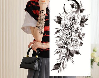Tatuajes temporales de flores, luna creciente, hojas, camelia, peonía, peonía, rosas, flores, bocetos dibujados a mano, diseño floral, tatuajes para cintura, brazo y pierna (FSF6)