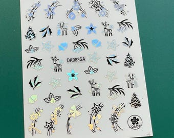Adhesivos para uñas plateados con diseño de aurora boreal navideña, copos de nieve negros, renos, lazo, árbol de Navidad, caja de regalo, muñeco de nieve, acebo, MeSeries