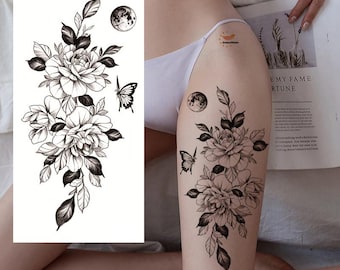 Flowers Butterfly Moon Leaf Camellia Peony Temporary Tattoos Peony Rose Flowers Hand Drawn Sketch Floral Design Waist Arm Leg Tattoos FSF6