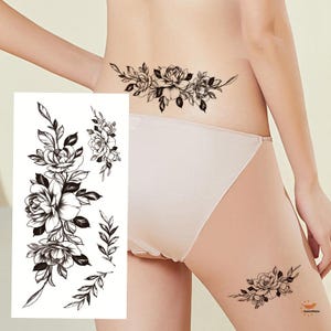 Tatuagens temporárias desenhadas à mão com flores de peônia, folhas, galhos, flores pretas, peônia, rosa, desenho floral, cintura, braço, perna, tatuagens FSF6