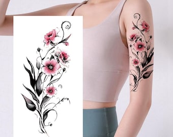 Tatuajes temporales de anémonas, peonías rosas, margaritas y flores de colores. Boceto floral dibujado a mano. XMQB
