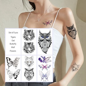 5 Piece Set Flower Butterfly Tiger Wolf Blue Eyed Owl Temporary Tattoos Animal Flowers Daisy Hand Drawn Sketch Neck Leg Arm Tattoo QXTSS
