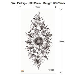 Sunflower Flowers Hand Drawing Temporary Tattoos Flower Rose Peony Butterfly Moon Black Sketch Floral Design Body Waist Arm Leg Tattoos FSF6 FSF6094