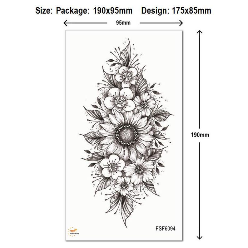 Sunflower Flowers Hand Drawing Temporary Tattoos Flower Rose Peony Butterfly Moon Black Sketch Floral Design Body Waist Arm Leg Tattoos FSF6 FSF6094