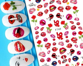 Adesivi per unghie con labbra sexy, amore, San Valentino, labbra rosse, bacio succoso, decalcomanie autoadesive per nail art, serie F