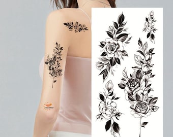 Fleurs Feuille Camélia Pivoine Tatouages temporaires Pivoine Rose Fleurs Dessiné À La Main Croquis Design Floral Taille Bras Jambe Tatouages FSF6