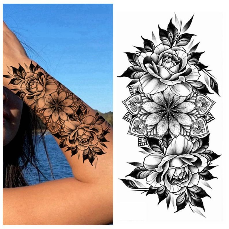 Black Peony Flower Temporary Tattoos Crescent Moon Periwinkle Daisy Sunflower Hand Drawn Sketch Flower Leaf Body Waist Arm Leg Tattoos BSK4 BK077