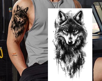 Tatuaje temporal de lobo negro en el bosque, dibujado a mano, animales cánidos grandes, XMQB8