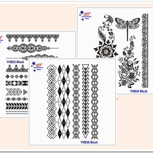 Tatuaje negro Brazalete tribal Rayas Cadena Mandala Mariposa Flor Encaje Cuerpo Arte temporal Tatuajes YHBSeries