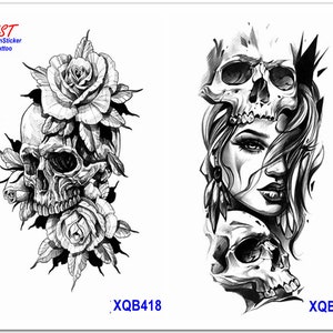 May include: Two temporary tattoo designs. One features a skull with roses, labeled XQB418. The other design, labeled XQB500, depicts a woman's face with skulls. Both are black and white.
