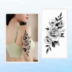 Black Flowers Body Tattoos Peony Rose Daisy Hand Drawing Black Sketch Flowers Leaf Floral Waist Arm Leg Temporary Tattoos BSK4
