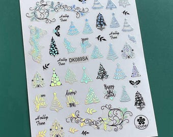Adhesivo para uñas plateado con forma de árbol de Navidad Aurora, copos de nieve negros, lazo de reno, caja de regalo, muñeco de nieve, acebo, MeSeries
