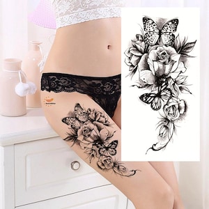 Tatuagens corporais de flor, cobra, peônia, desenhadas à mão, esboço preto, flores, design floral, cintura, braço, perna, tatuagens temporárias FSF6