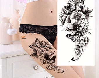 Tatuajes temporales de peonía, serpiente y flor dibujados a mano, diseño floral, flores negras, cintura, brazo y pierna, FSF6