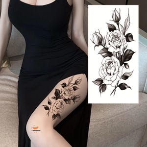 Tatuagens temporárias de flores pretas, peônia, rosa, flores, folhas, camélia, desenho à mão, desenho floral, cintura, braço, perna, tatuagens FSF6