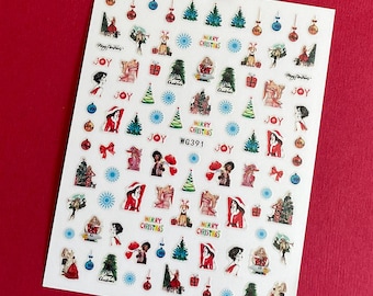 Weihnachten Santa Mädchen Nail Art Aufkleber Schleife Joy Ball Ornamente Kranz Schneeflocke Schlitten Schneemann Rentier Selbstklebender Nagelabziehbild WGSeries