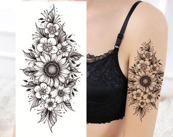 Tatuajes temporales de girasoles, flores, peonías, mariposas, lunas, bocetos florales, diseño corporal, cintura, brazos y piernas (FSF6)