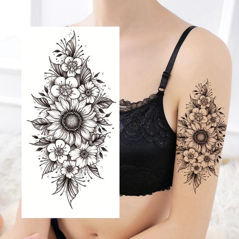Sunflower Flowers Hand Drawing Temporary Tattoos Flower Rose Peony Butterfly Moon Black Sketch Floral Design Body Waist Arm Leg Tattoos FSF6 image 1