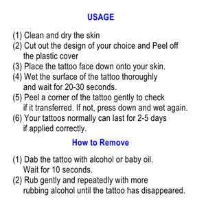 Puede incluir: Instrucciones para aplicar y quitar tatuajes temporales sobre un fondo blanco. El texto en negro y azul detalla los pasos: limpiar la piel, aplicar el tatuaje y retirarlo con alcohol o aceite para beb&eacute;s.