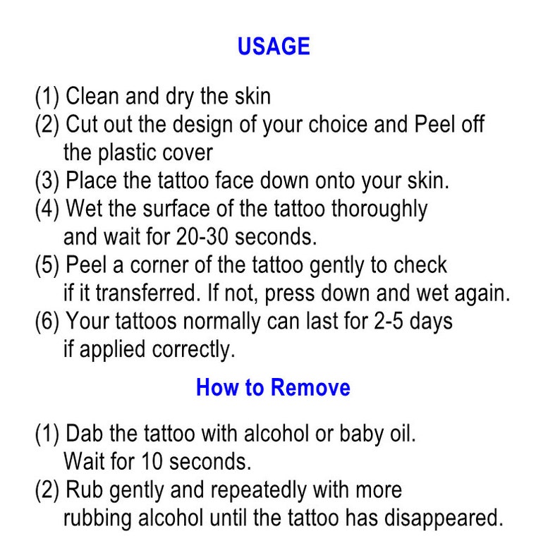 Puede incluir: Instrucciones para aplicar y quitar tatuajes temporales sobre un fondo blanco. El texto en negro y azul detalla los pasos: limpiar la piel, aplicar el tatuaje y retirarlo con alcohol o aceite para beb&eacute;s.