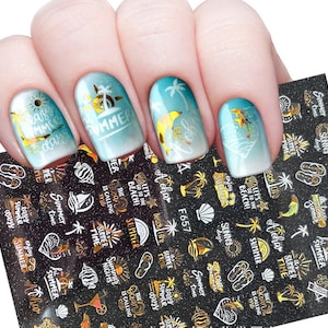 Summer Beach Nail Art Stickers Tropical Palm Leaves Gold Sea Fish Shell Dolphins Self Adhesive Nail FSeries