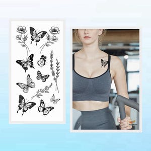 Tatuagens corporais de borboletas e galhos de flores, galhos de folhas, peônias, margaridas, esboço preto desenhado à mão, cintura, braço, perna, tatuagens temporárias BSK4