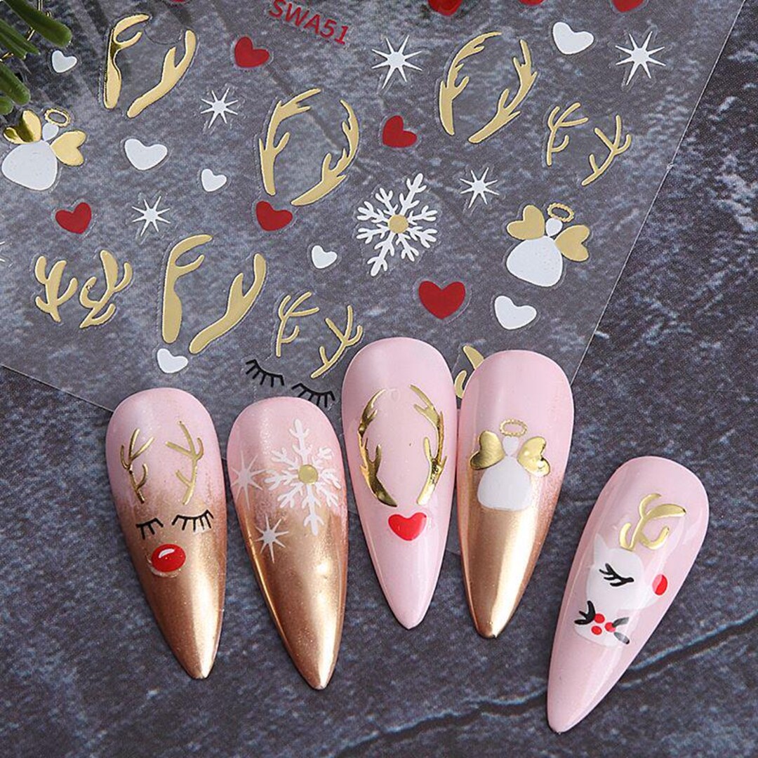 White Rudolph Angel Christmas Nail Art Sticker Red Nosed Reindeer Gold ...