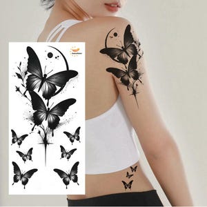 Tatuajes temporales de mariposa y luna creciente, diseño hueco, mariposa, flores y luna, boceto negro dibujado a mano, tatuajes para cintura, brazo, pierna y cuello (BSK4)
