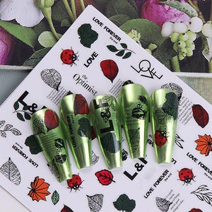 Pegatinas para uñas con diseño de mariquitas, hojas, letras en inglés, palabras, amor eterno, hojas, ramas, diseño floral, autoadhesivas, serie G
