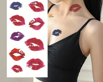 Sexy Red Lips Temporary Body Tattoos Lips Skull Fish Bones Stars Hand Drawn Sketch Waist Arm Leg Tattoos FSF6