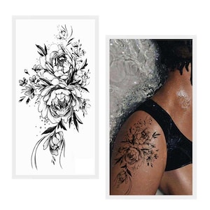 Tatuajes temporales de flor de peonía negra, luna creciente, bígaro, margarita, girasol, boceto dibujado a mano, flor, hoja, cuerpo, cintura, brazo, pierna, tatuajes BSK4
