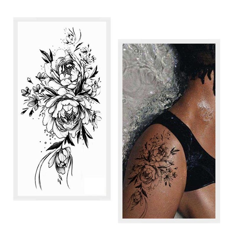 Black Peony Flower Temporary Tattoos Crescent Moon Periwinkle Daisy Sunflower Hand Drawn Sketch Flower Leaf Body Waist Arm Leg Tattoos BSK4 BK003