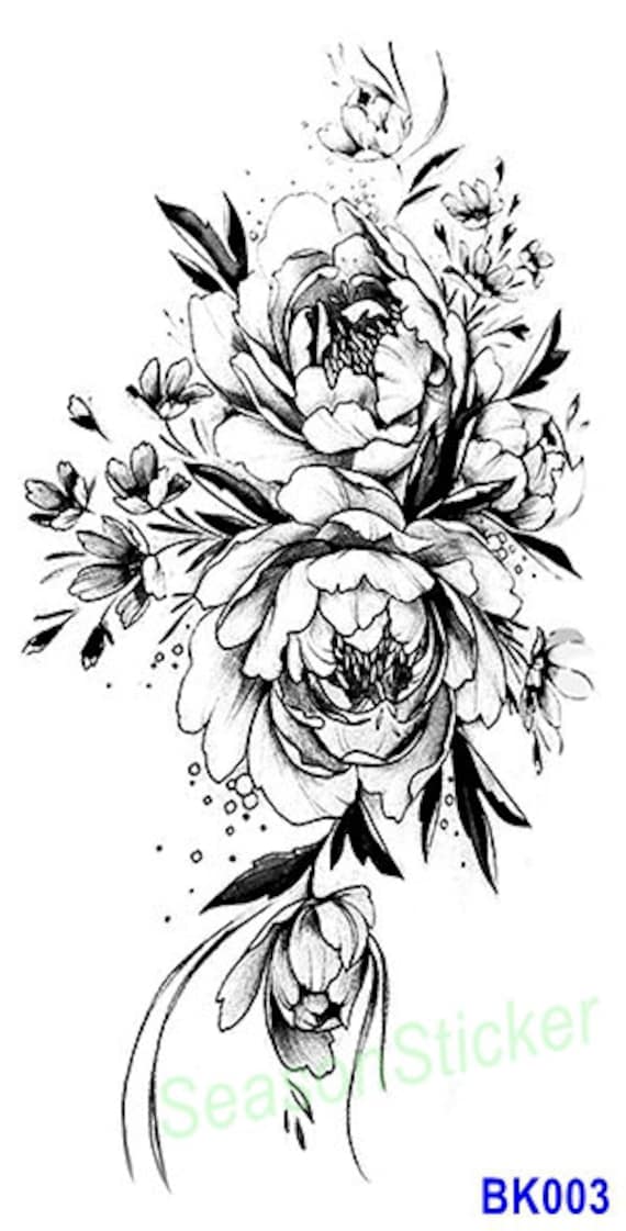 Peony Daisy Flower Tattoo Floral Rose Black Sketch Sunflower Temporary  Tattoo