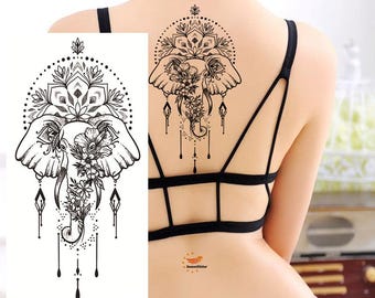 Tatuajes temporales de flores de mandala de elefante, mandala Nava Padma de elefante, margaritas, bocetos florales dibujados a mano, tatuajes florales para cintura, brazo y pierna (FSF6)