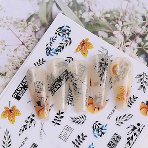 Pegatinas para uñas con diseño de rama de hoja de arce, letras y palabras en inglés, hojas, ramas y flores, autoadhesivas, Serie G