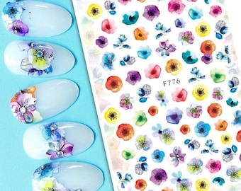 Blue Purple Poppy Flowers Nail Art Stickers Prunes Flower Summer Blue Cherry Blossom Self Adhesive Nail Art Decals FSeries