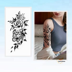 Peony Butterfly Flowers Bird Body Tattoos Hand Drawing Black Sketch Rose Flowers Floral Waist Arm Leg Temporary Tattoos BSK4