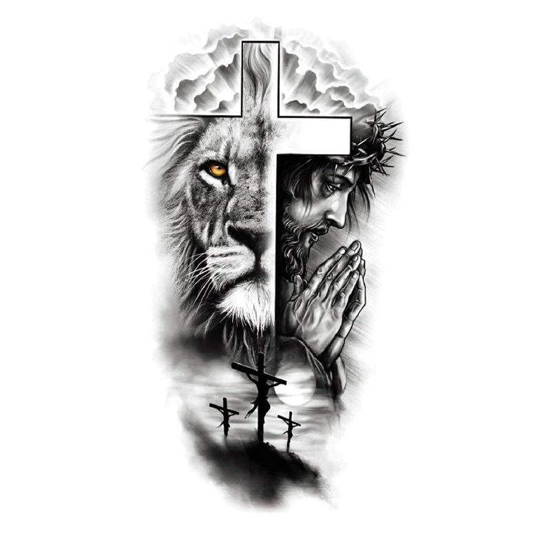 Lion Cross Pray Temporary Tattoo Tiger Headgear Wolf Moon Body Arm Leg Tattoos XMQB8
