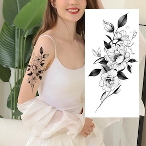 Tatuagens temporárias de peônia, flor, folha, galhos, peônia, rosa, camélia, flores, folha, preto, desenho à mão, cintura, braço, perna, pescoço, tatuagens florais BSK4