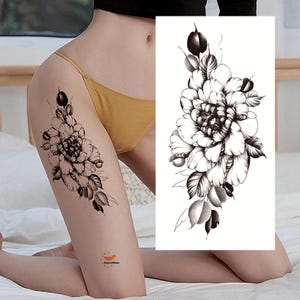 Tatuagens temporárias corporais de flores de peônia, folhas, desenhadas à mão, flores pretas, peônia, rosa, camélia, desenho floral, cintura, braço, perna, FSF6